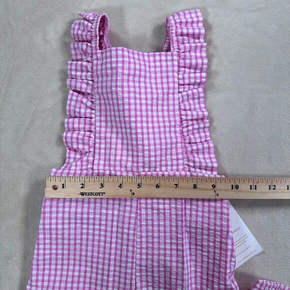 Smiling Button Kids 4 Flutterall Romper Pink White Gingham Seersucker Ruffle New - Picture 8 of 9